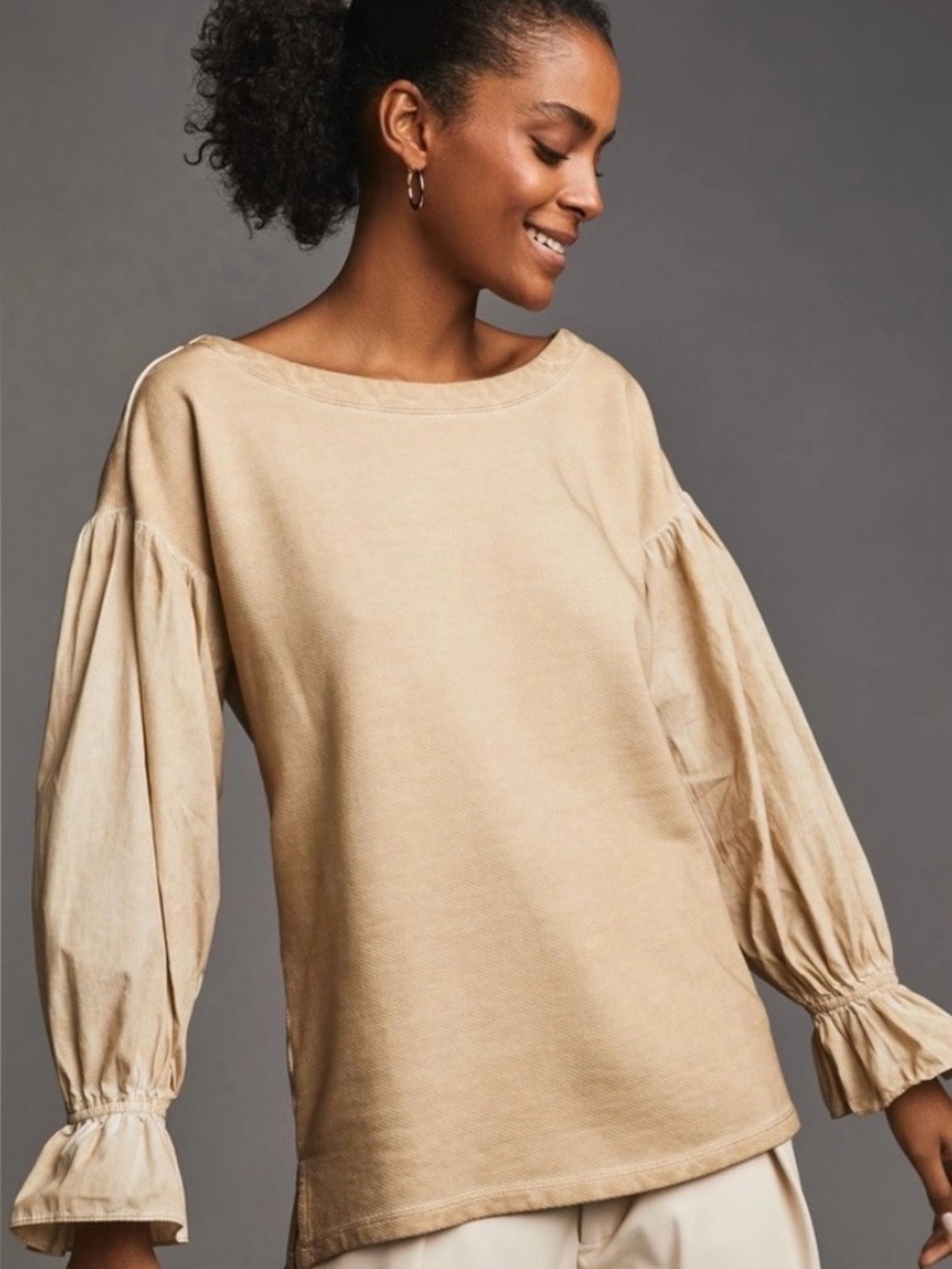 Anthropologie Pilcro Mixed Media Pullover Top Women’s S Light Tan Puff Sleeves